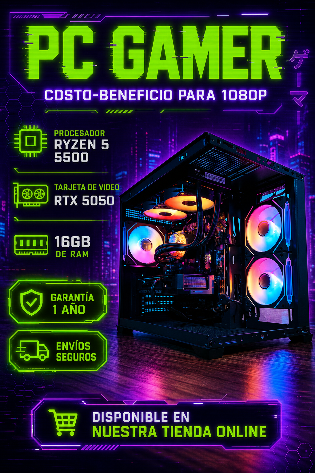 PC Gamer costo beneficio Liquido | AMD Ryzen 5 + NVIDIA RTX 5050 8GB | 16GB RAM | 1TB SSD