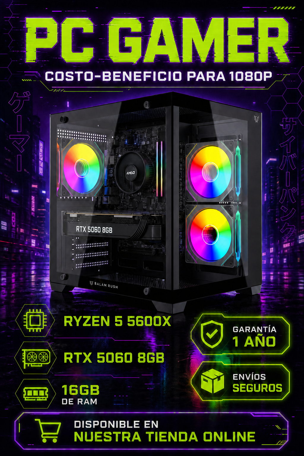 PC Gamer Costo Beneficio 2 | AMD Ryzen 5 + NVIDIA RTX 5060 8GB | 16GB RAM | 1TB SSD