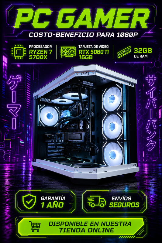 PC Gamer Costo Beneficio 3 | AMD Ryzen 7 + NVIDIA RTX 5060Ti 16GB | 16GB RAM | 1TB SSD